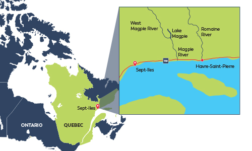 Map showing Cote Nord region of Quebec