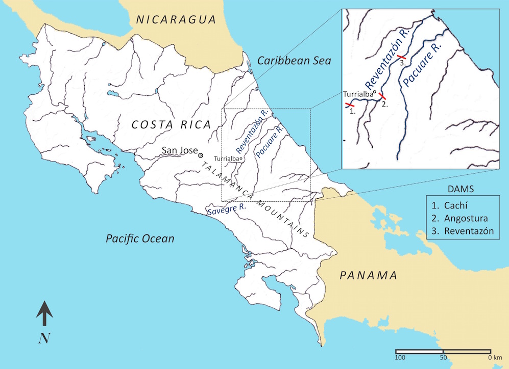 Rio Pacuare, Savegre, Reventazon - Costa Rica Rivers and dams Map